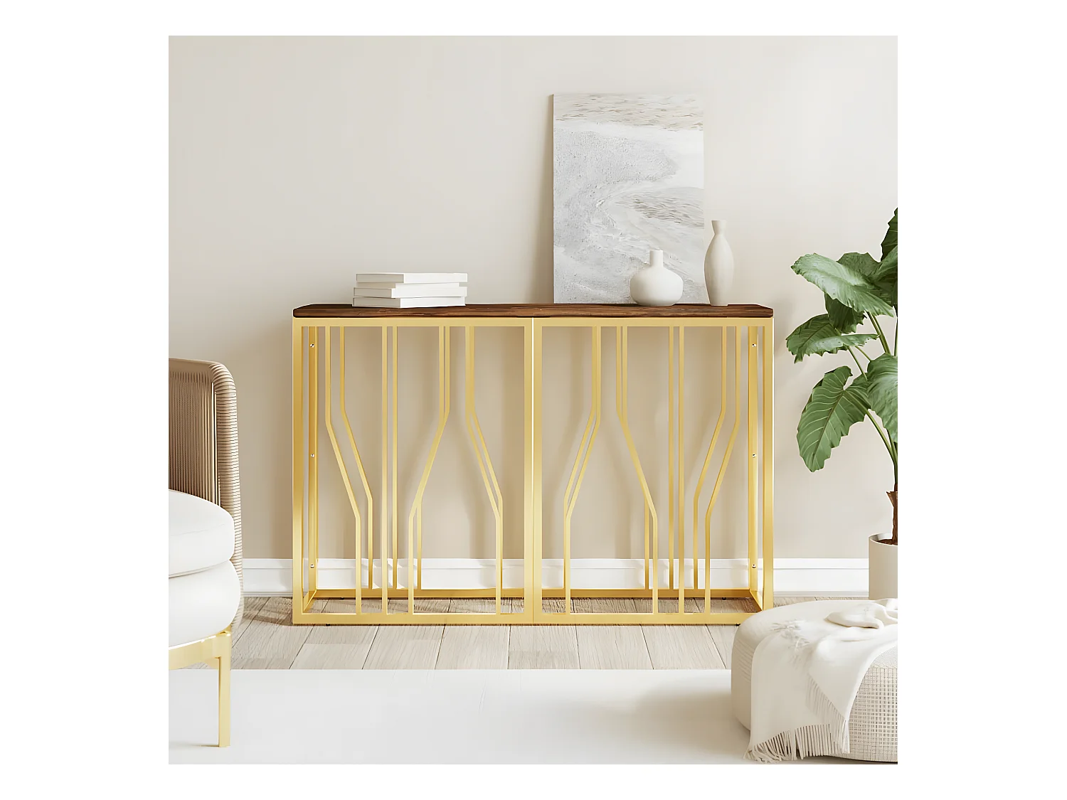Table console doré acier inoxydable et bois massif récupération GHR12884