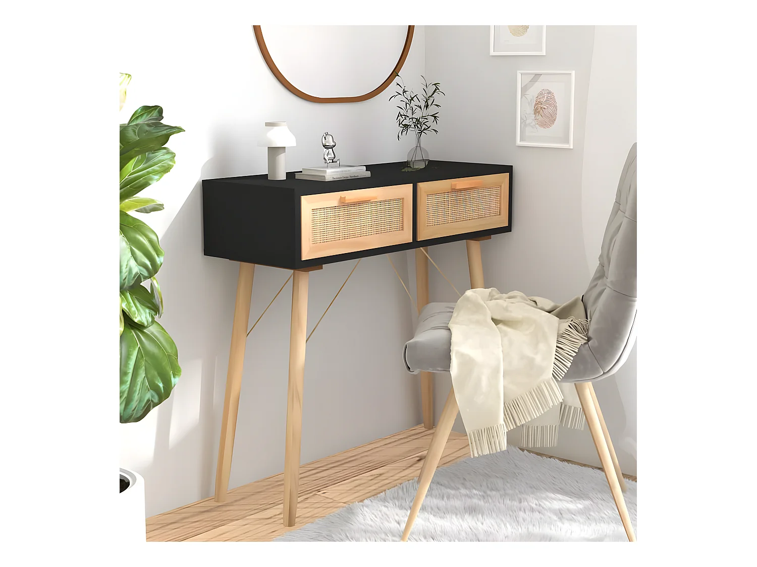 Table console Noir 80x30x75 cm Bois massif pin /rotin naturel GHR51497
