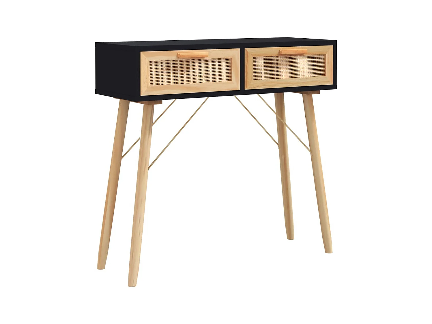 Konsolentisch,Flurtisch Schwarz 80x30x75cm Massivholz Kiefer Natur-Rattan -gkd295079