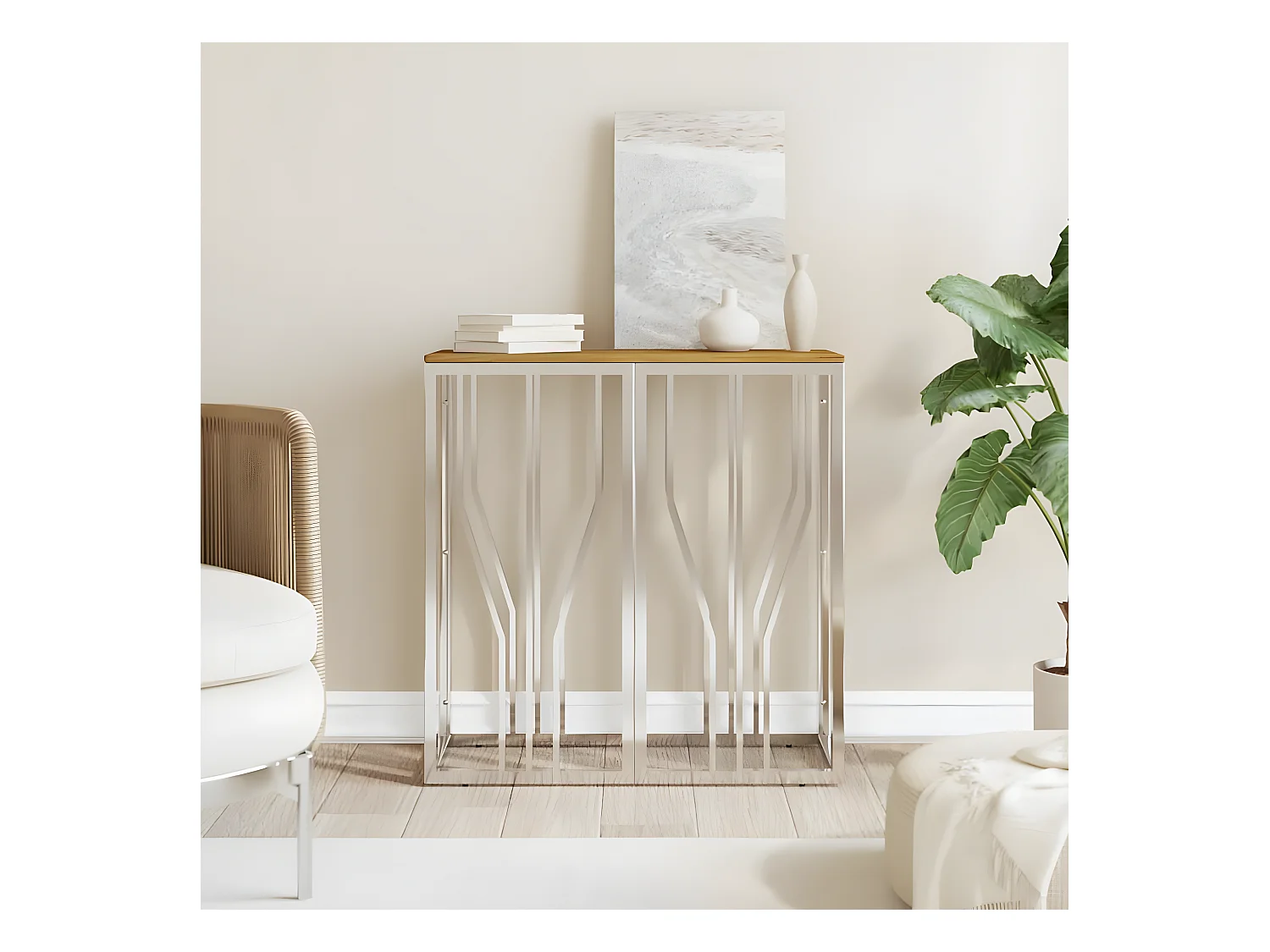 Table console argenté acier inoxydable et bois massif d'acacia GHR98768