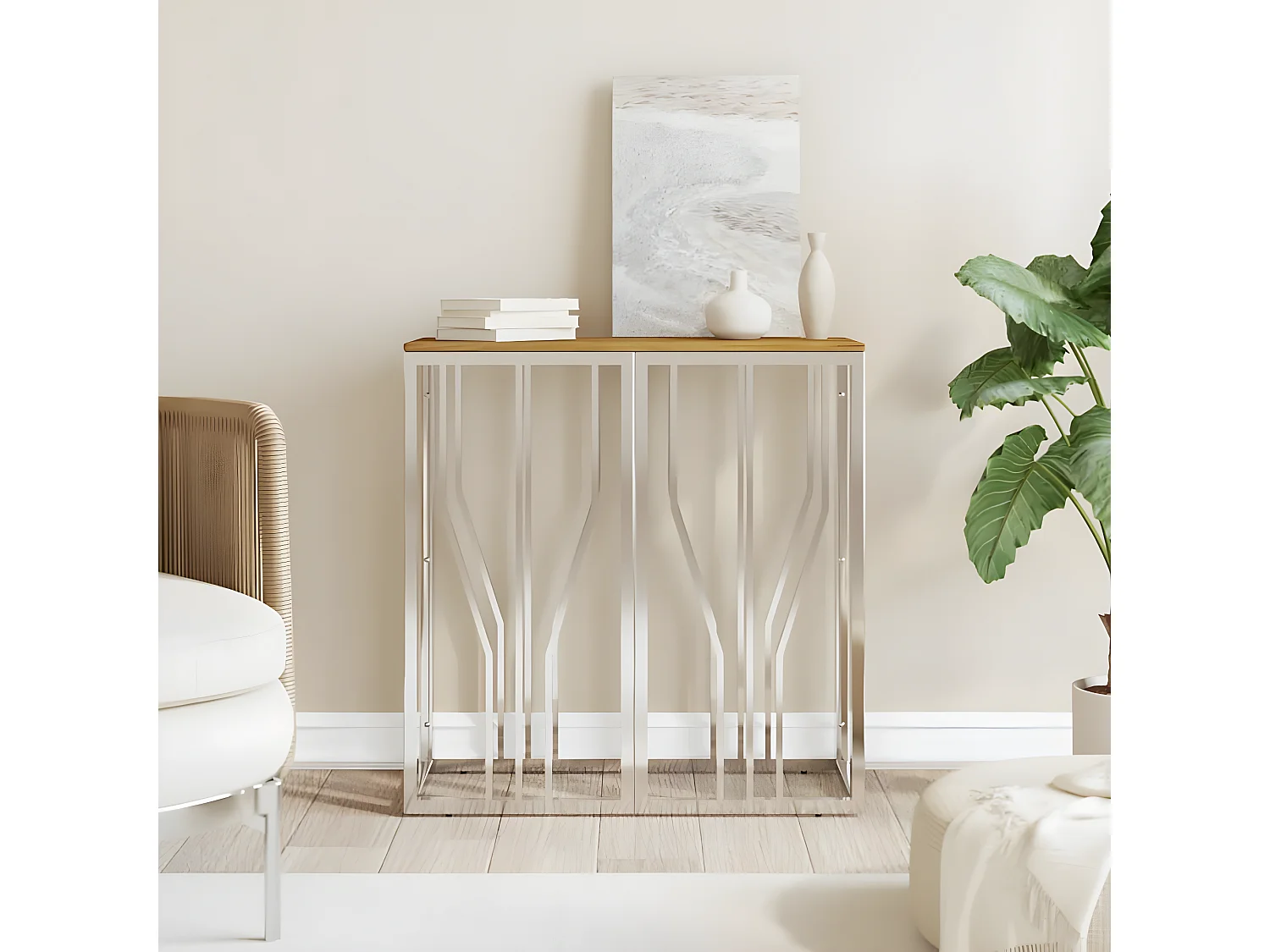 Table console argenté acier inoxydable et bois massif d'acacia GHR98768