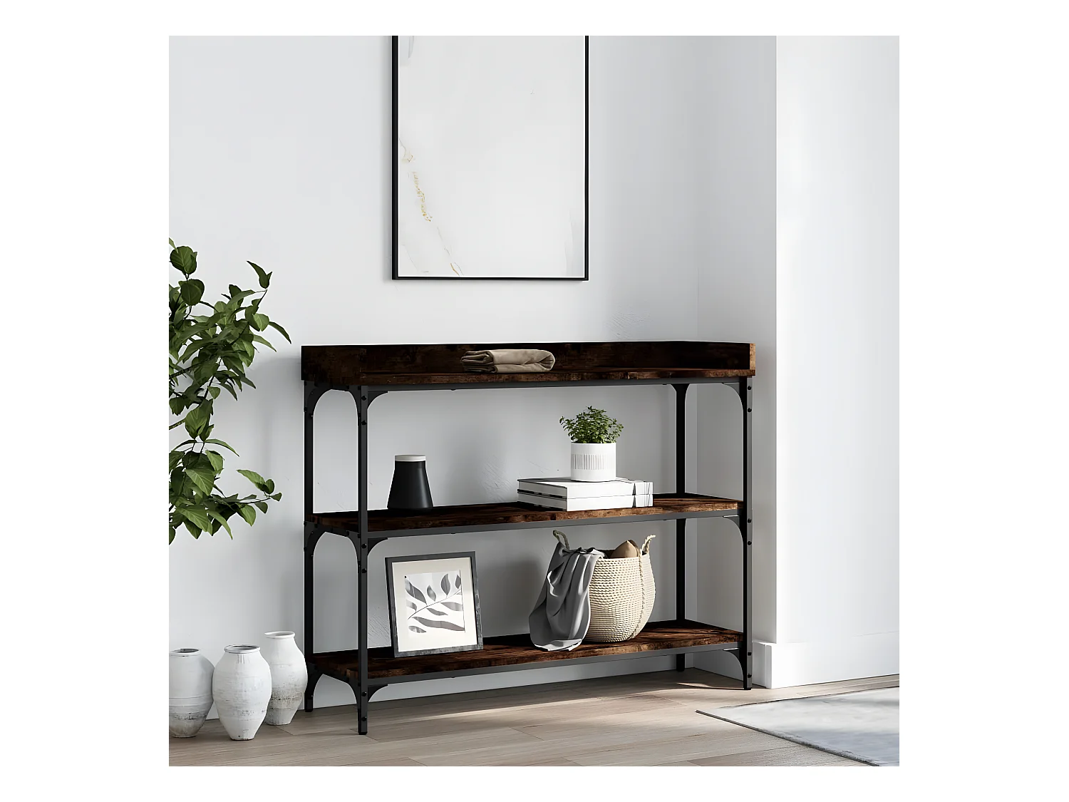 Table console avec étagères chêne fumé 100x30x80 cm GHR79032