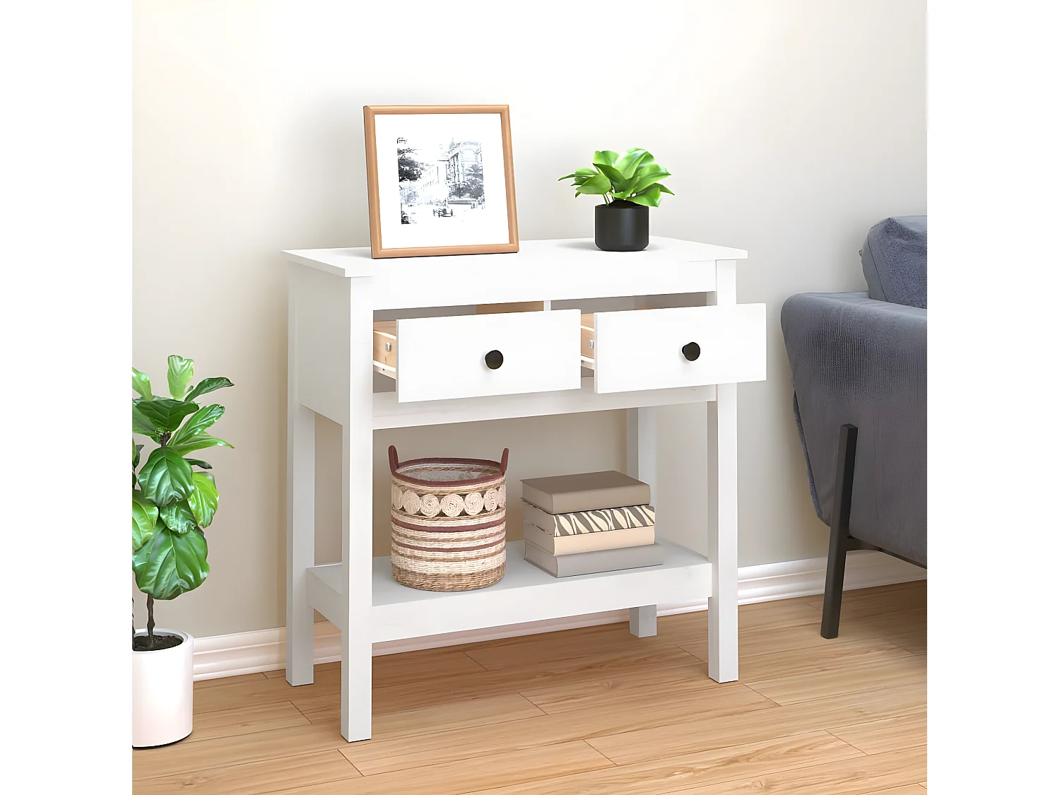 Mesa consola de madera maciza de pino blanco 75x35x75 cm ES953267