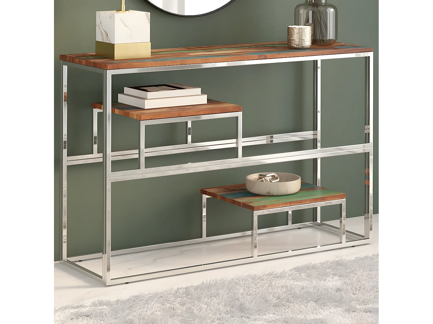 Table console argenté inox et bois de récupération massif GHR50599