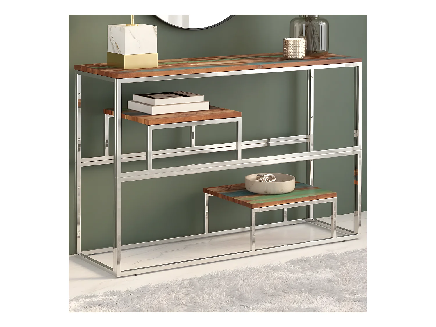 Table console argenté inox et bois de récupération massif GHR50599