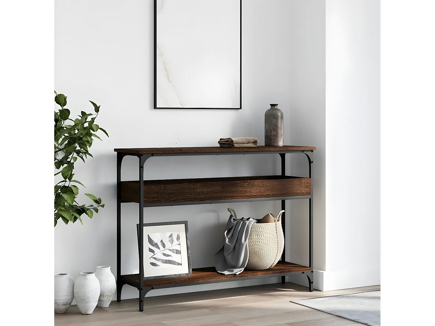 Table console avec étagère chêne marron 100x29x75 cm GHR50047