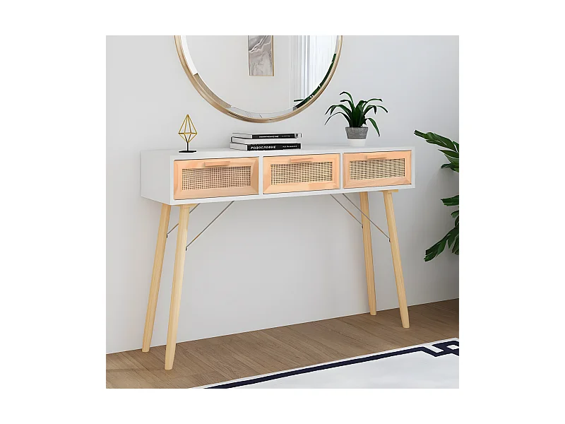 Konsolentisch,Flurtisch Weiß 105x30x75 cm Massivholz Kiefer Natur-Rattan -gkd378016