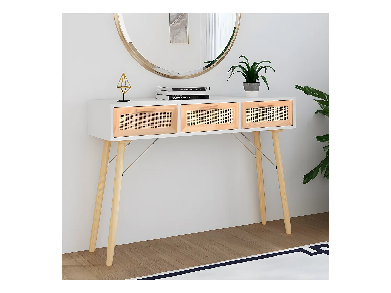 Table console Blanc 105x30x75 cm Bois massif pin /rotin naturel GHR40285