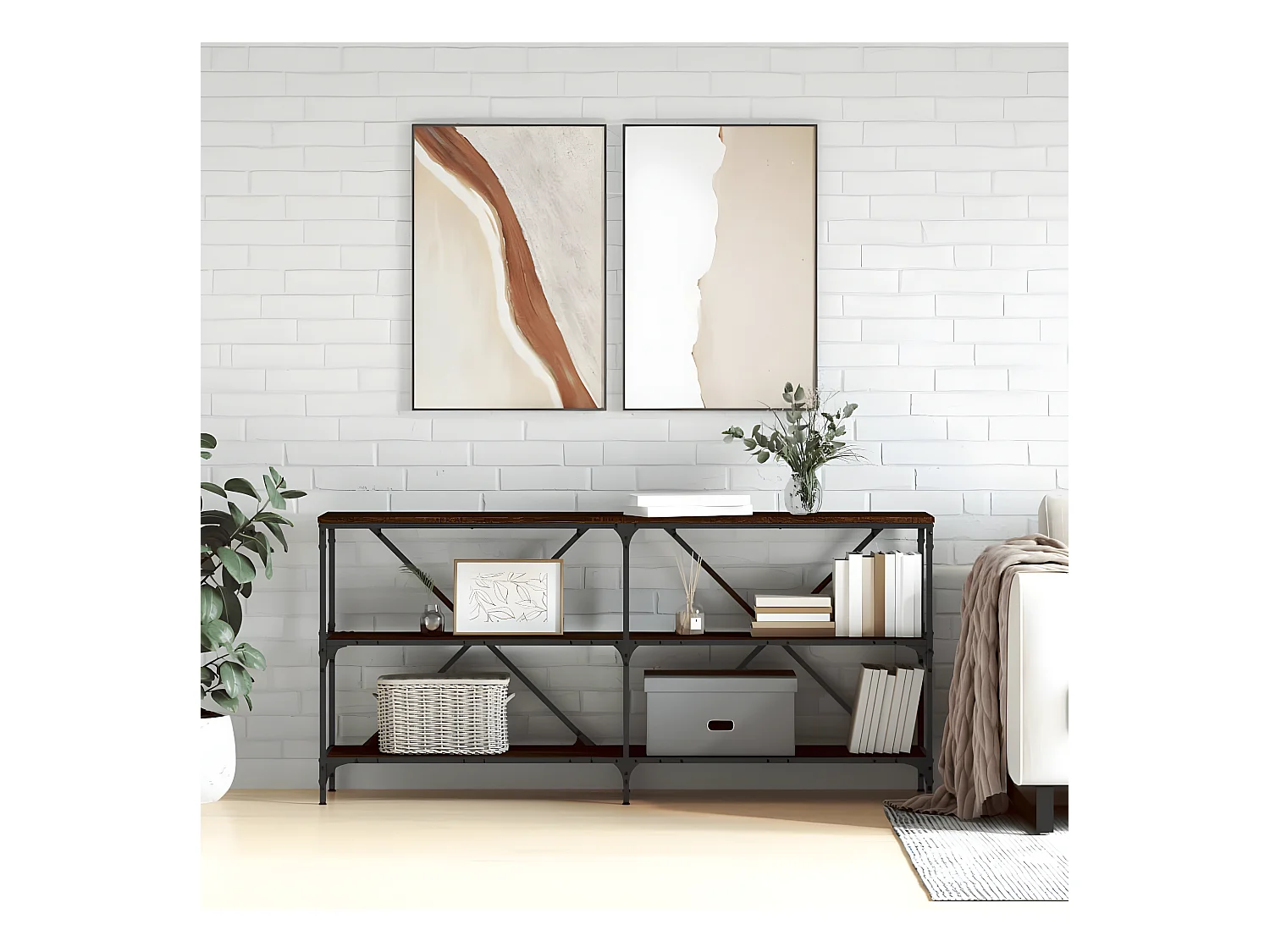 Table console chêne marron 160x30x75cm bois d'ingénierie et fer GHR49322