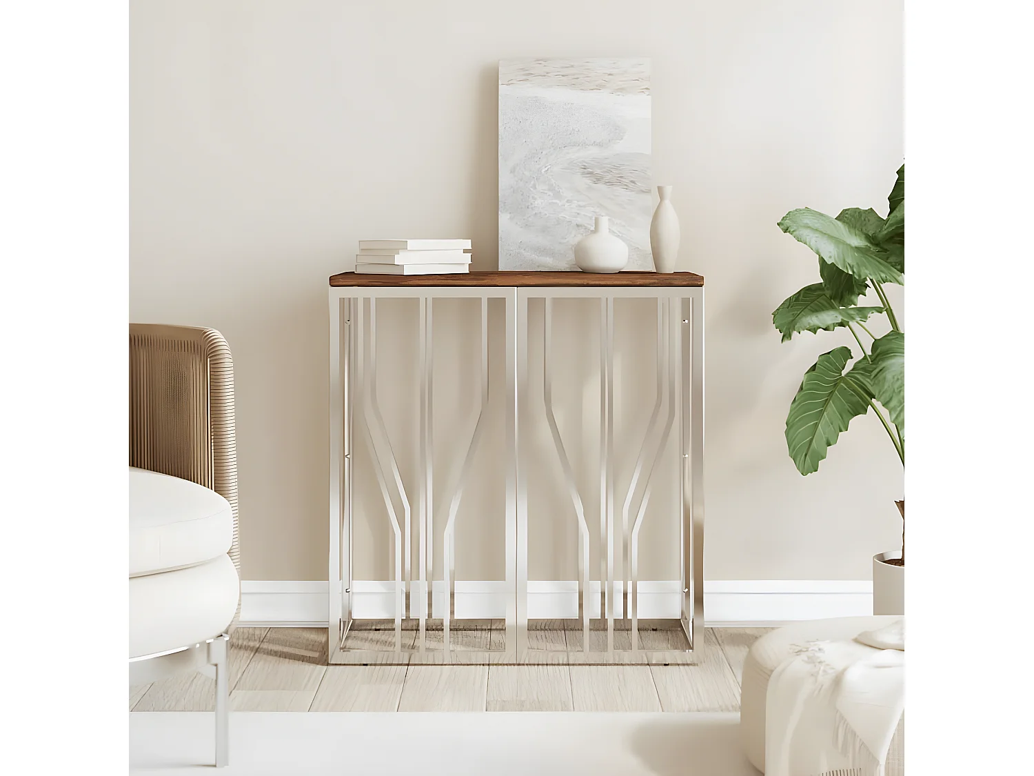 Table console argenté acier inoxydable/bois massif récupération GHR52146