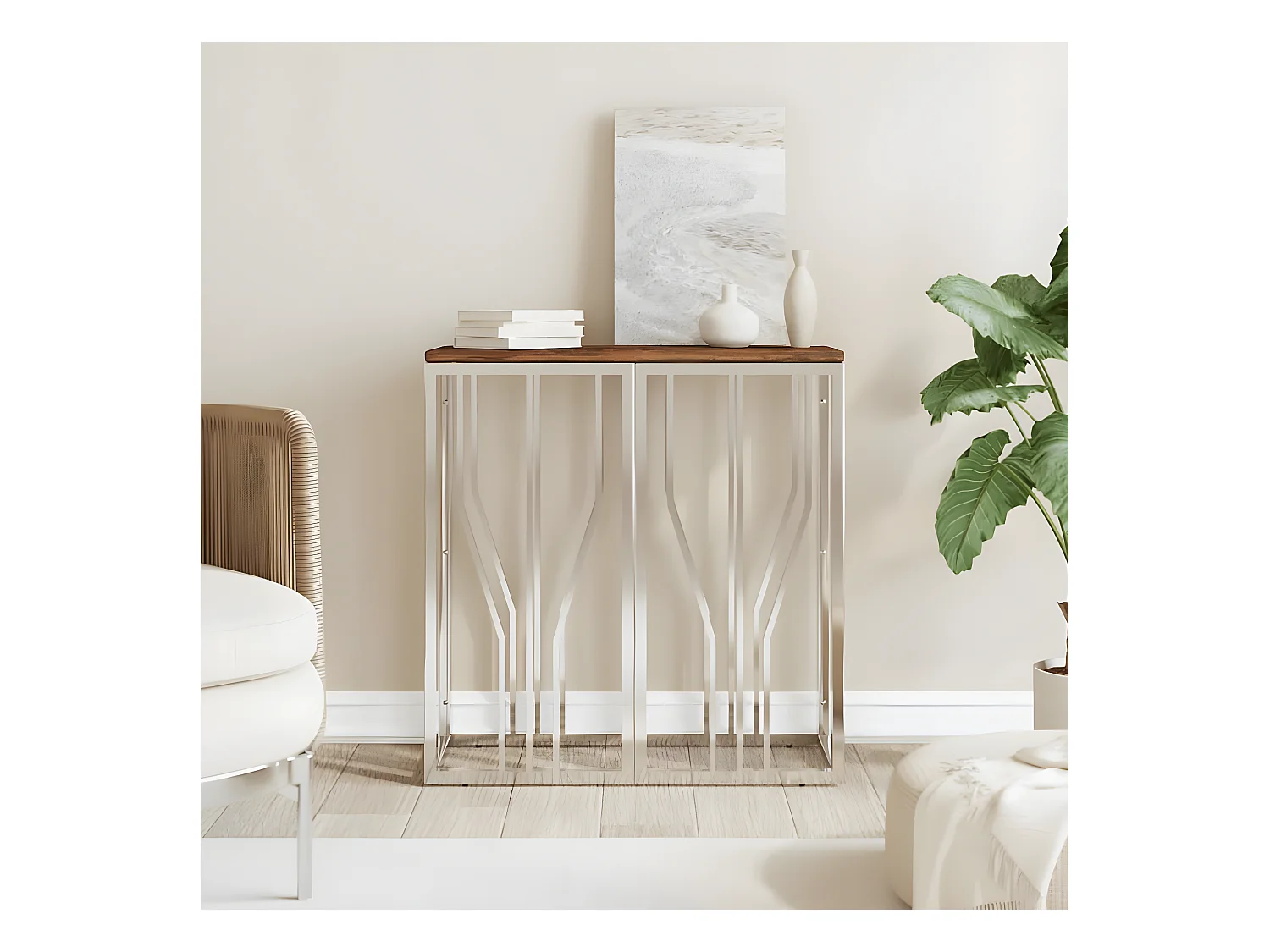 Table console argenté acier inoxydable/bois massif récupération GHR52146