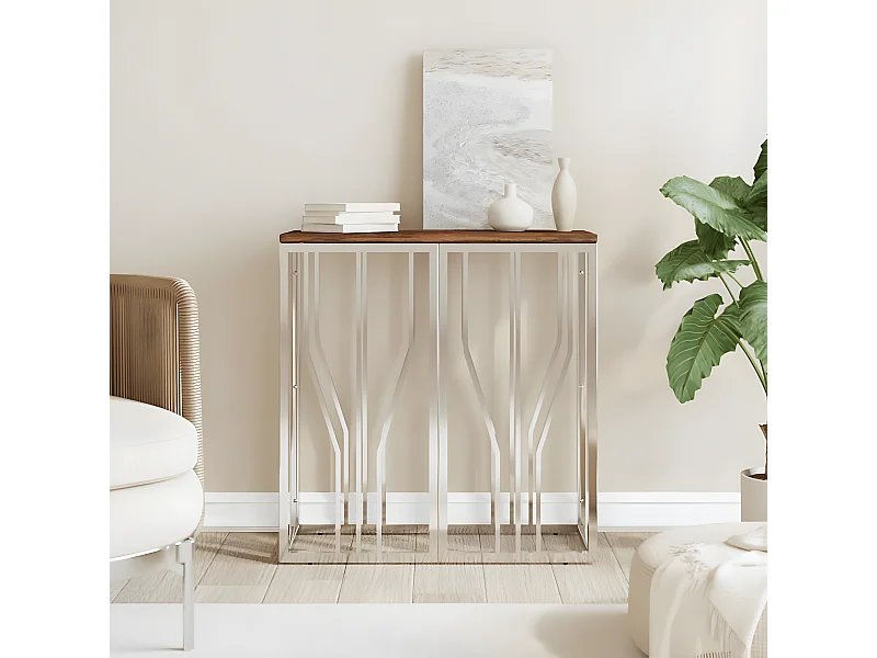 Wandtafel roestvrij staal en massief gerecycled hout zilver NL139839