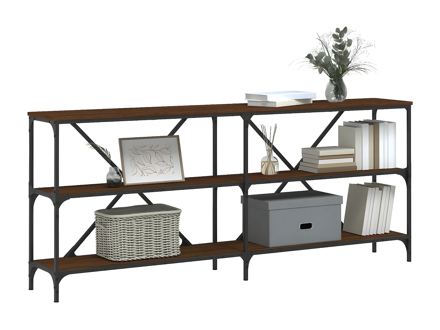 Mesa consola hierro madera ingeniería roble marrón 180x30x75 cm ES966529