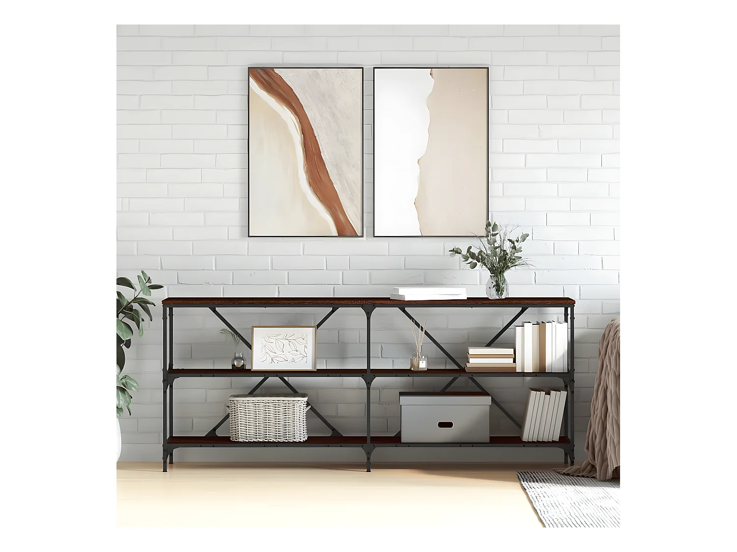 Table console chêne marron 180x30x75 bois d'ingénierie et fer GHR55317