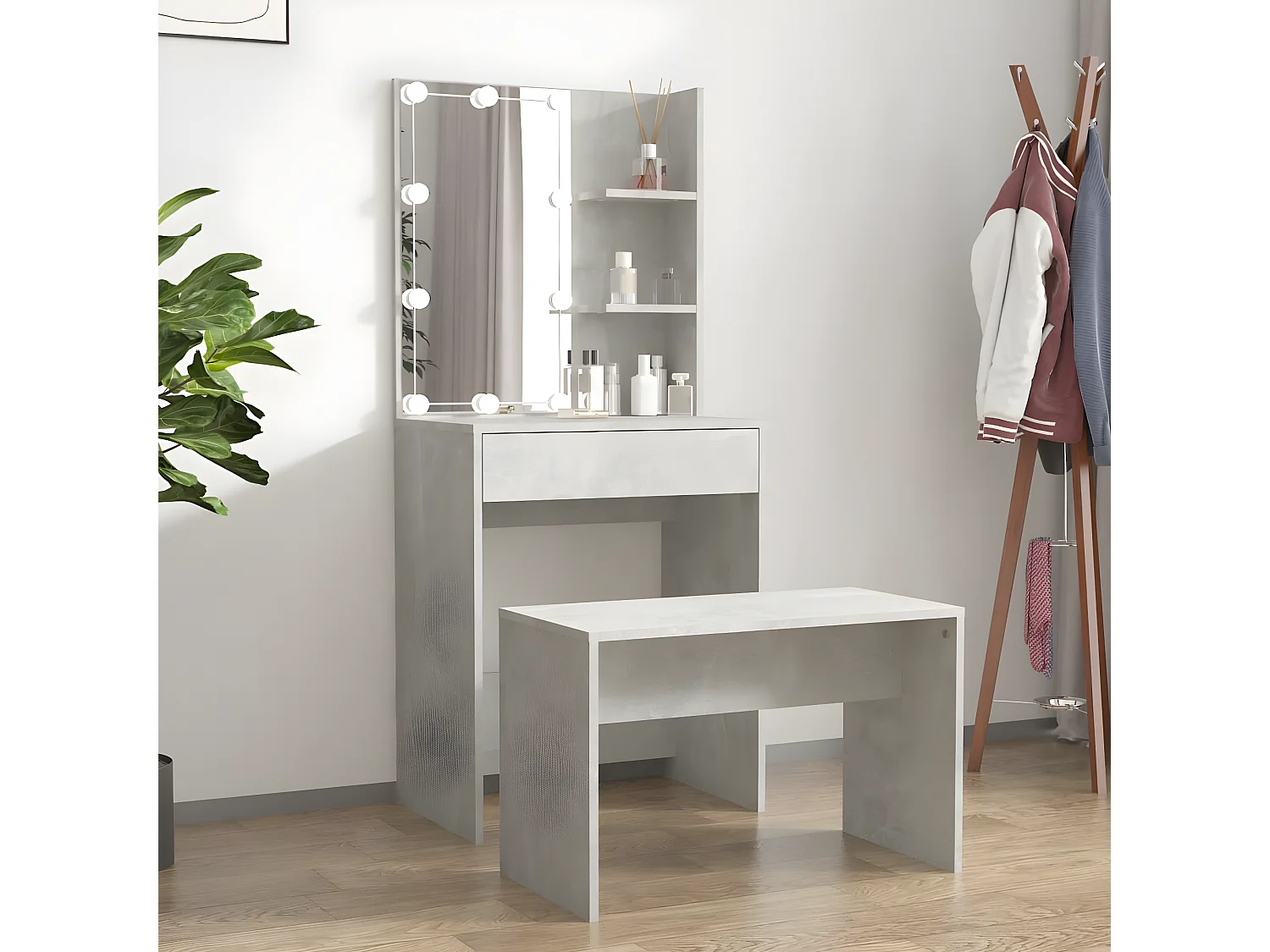 Ensemble de coiffeuse avec LED Gris béton Bois d'ingénierie OFR17608 BonneVie Meuble