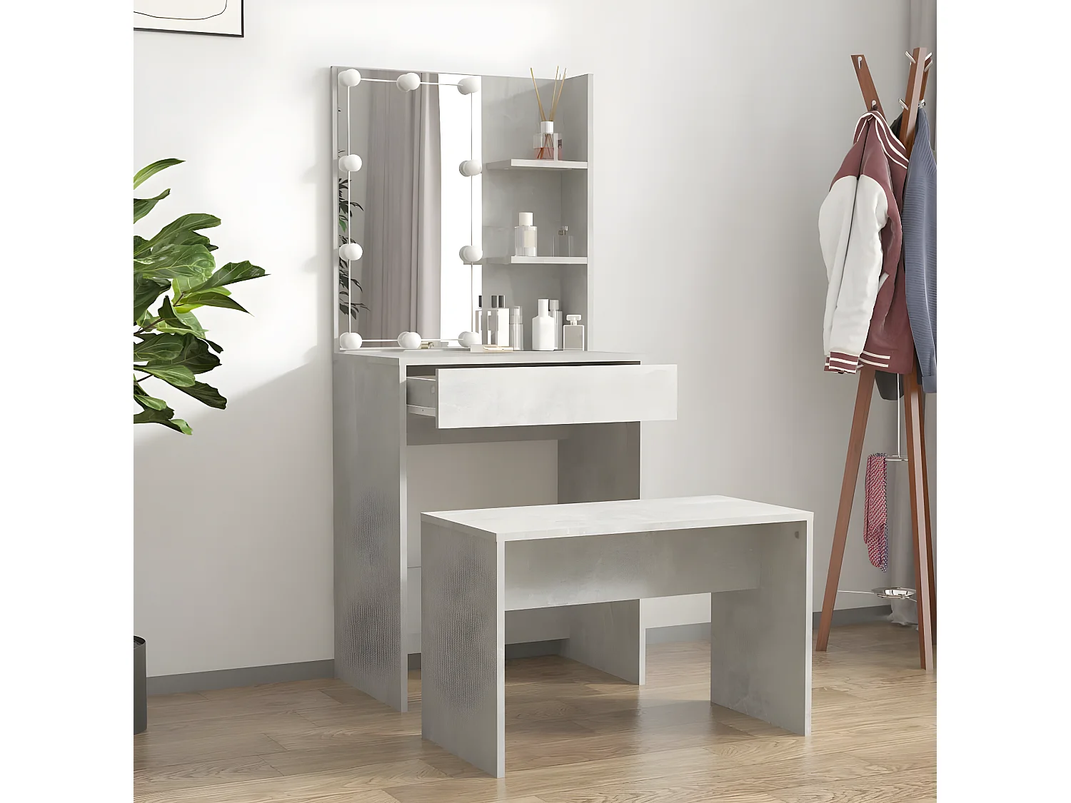 Ensemble de coiffeuse avec LED Gris béton Bois d'ingénierie OFR17608 BonneVie Meuble