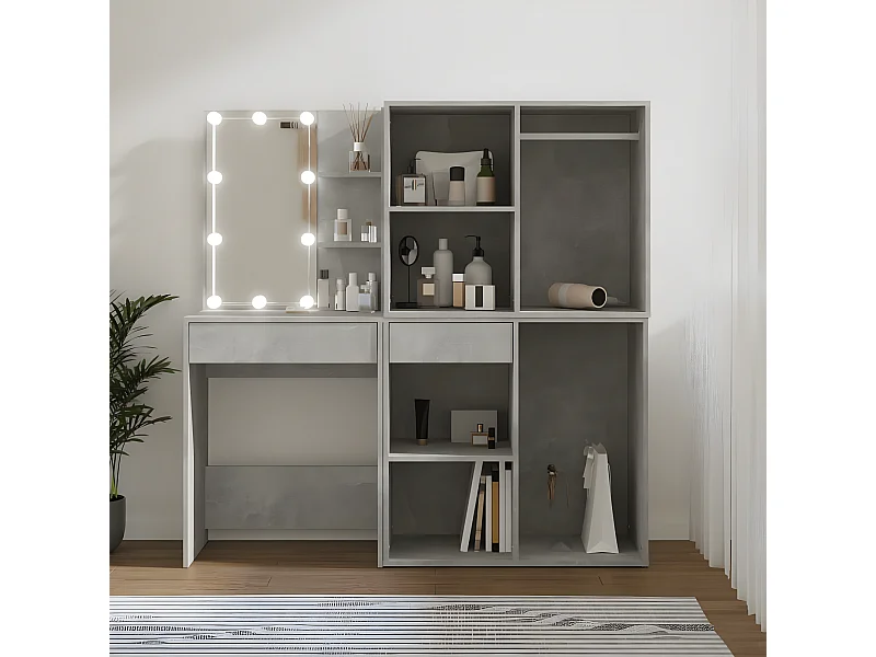 Coiffeuse à LED avec 2 armoires Gris béton Bois d'ingénierie OFR17655 BonneVie Meuble