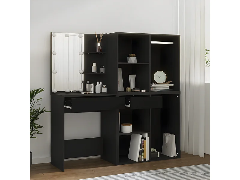 Coiffeuse à LED avec armoires noir bois d'ingénierie OFR12604 BonneVie Meuble