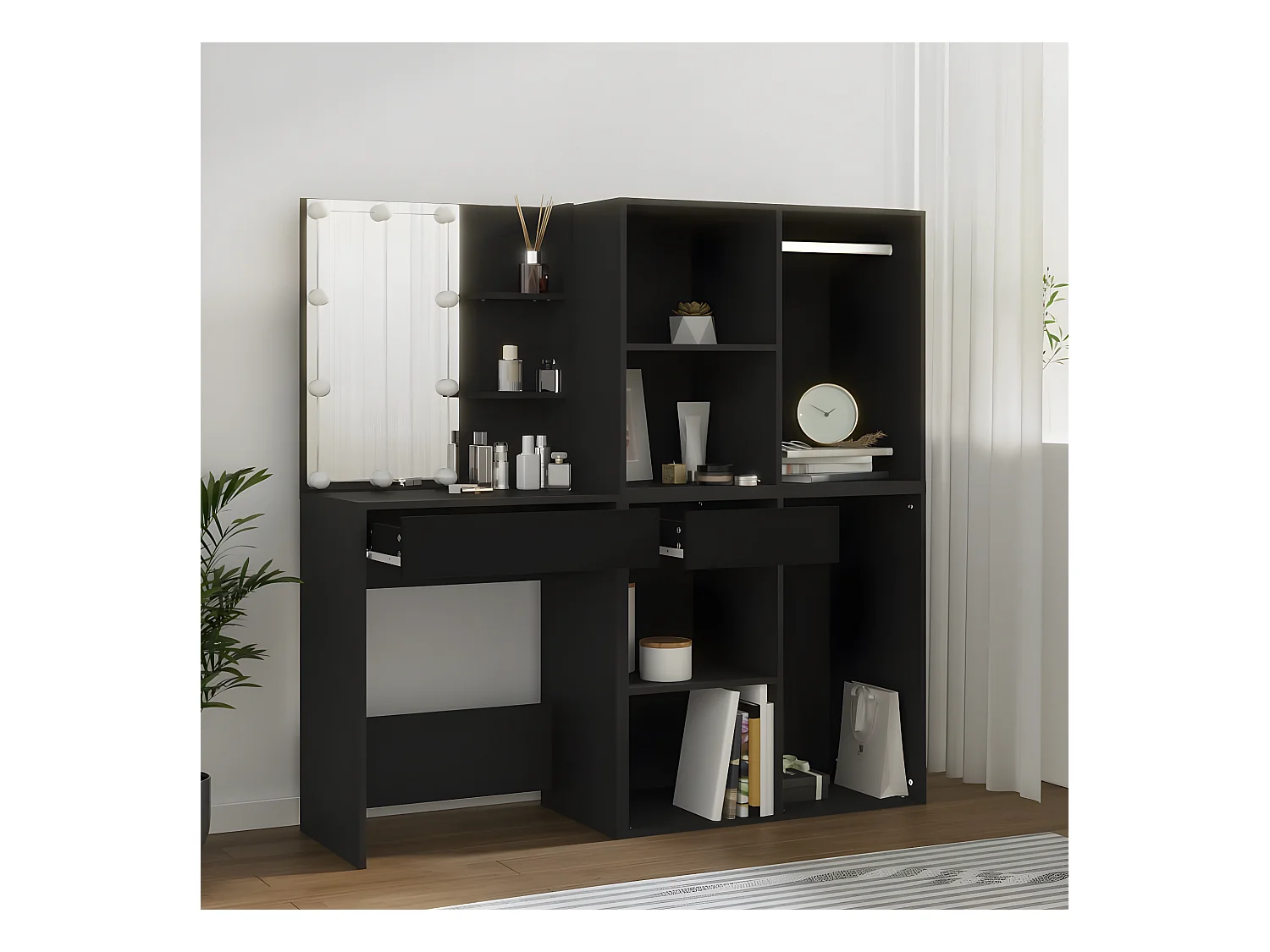 Kaptafel met kastjes LED bewerkt hout zwart NL981659