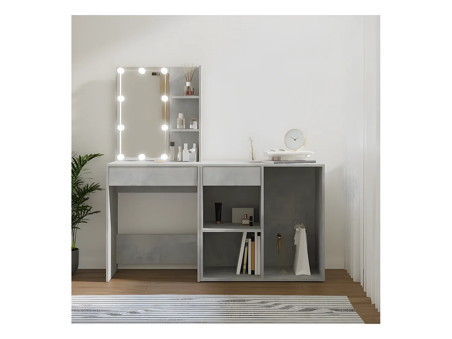 Coiffeuse à LED avec armoire Gris béton Bois d'ingénierie OFR30911 BonneVie Meuble