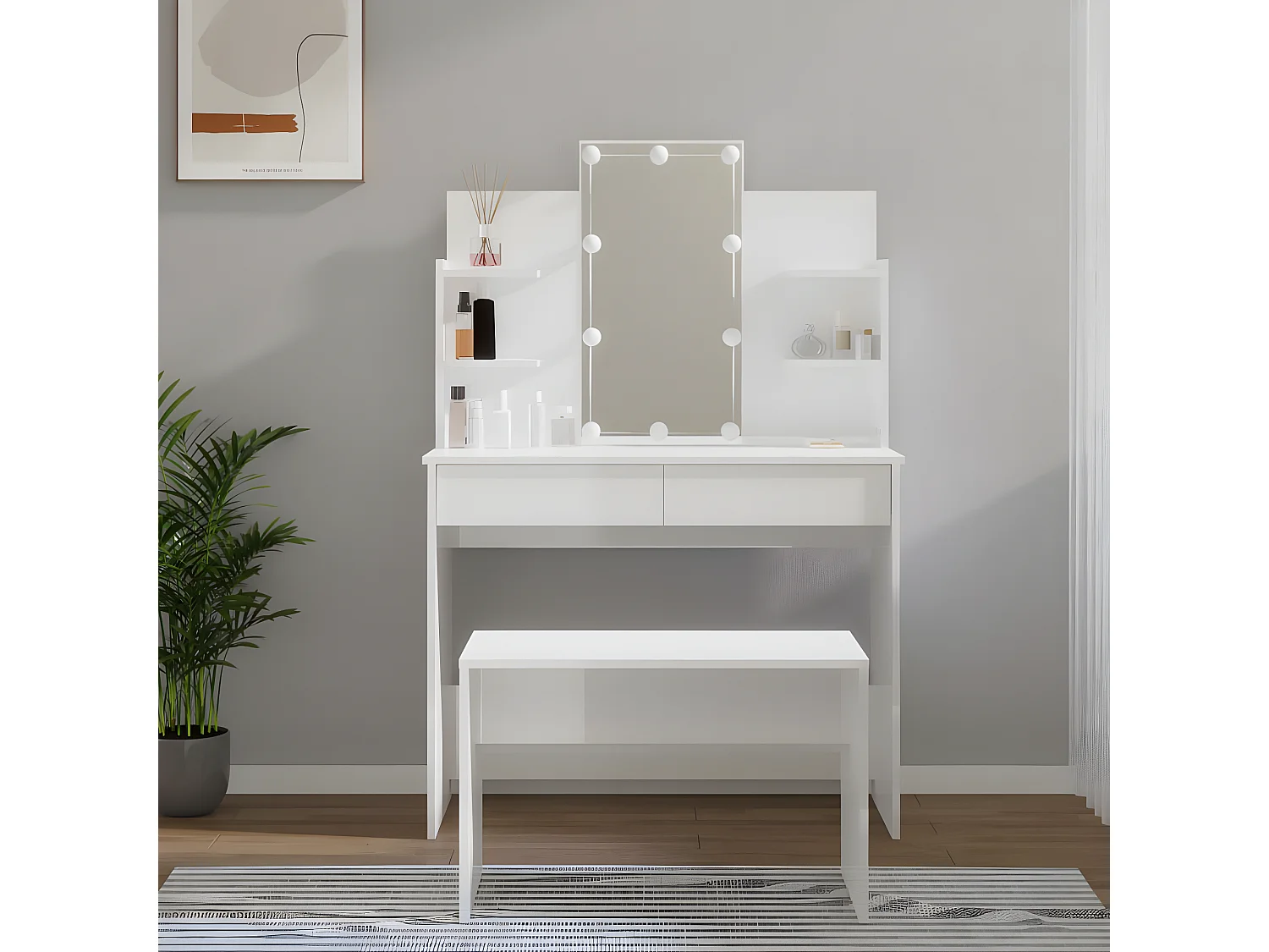 Ensemble de coiffeuse avec LED Blanc brillant Bois d'ingénierie OFR58320 BonneVie Meuble