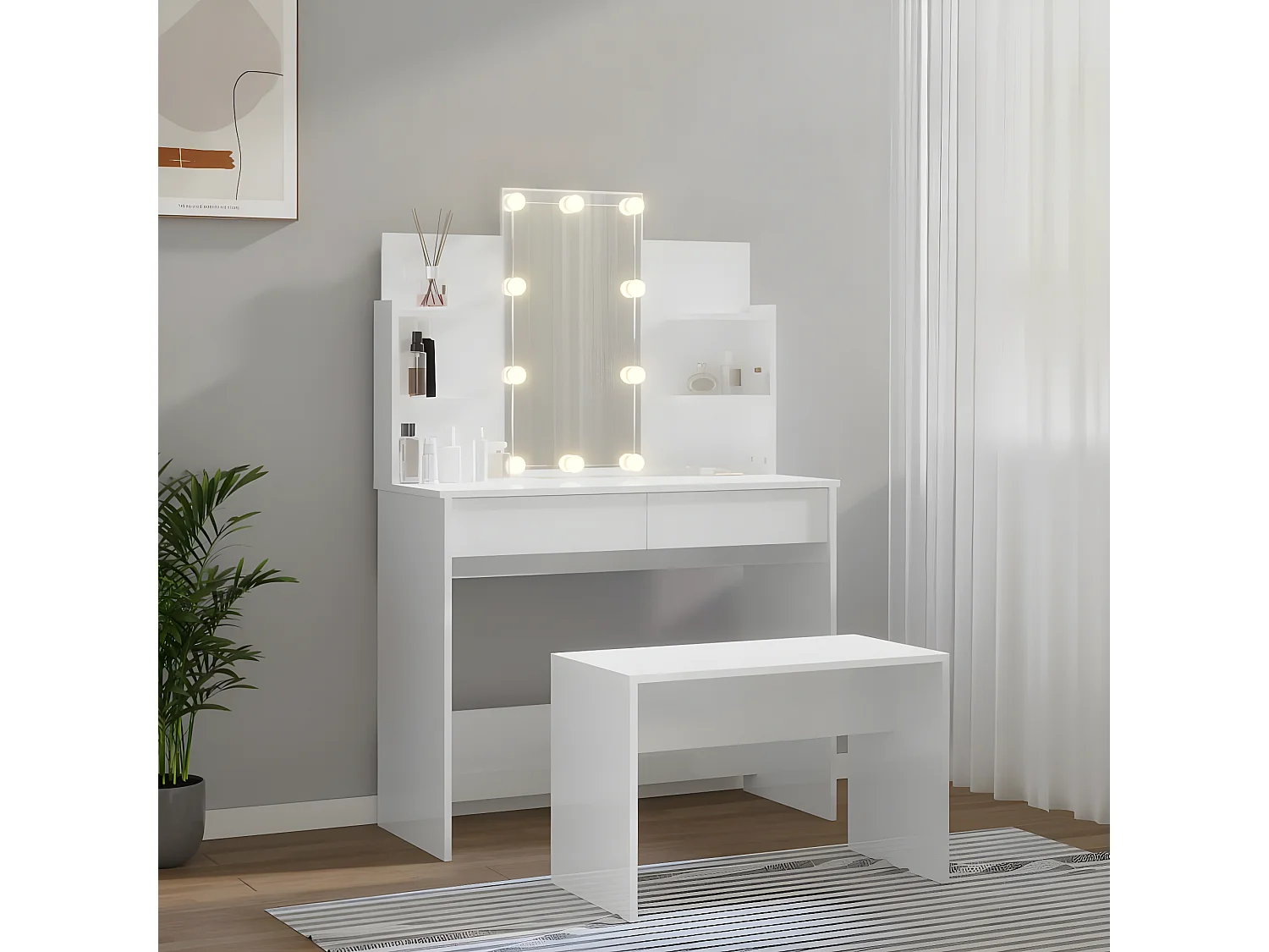 Ensemble de coiffeuse avec LED Blanc brillant Bois d'ingénierie OFR58320 BonneVie Meuble