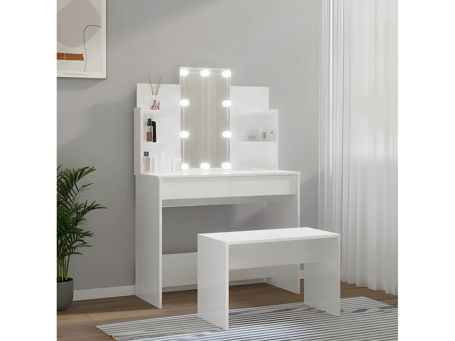 Ensemble de coiffeuse avec LED Blanc brillant Bois d'ingénierie OFR58320 BonneVie Meuble