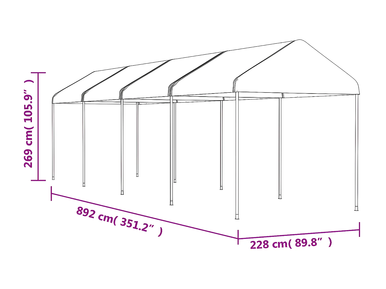 Prieel met dak 8,92x2,28x2,69 m polyetheen wit NL146800