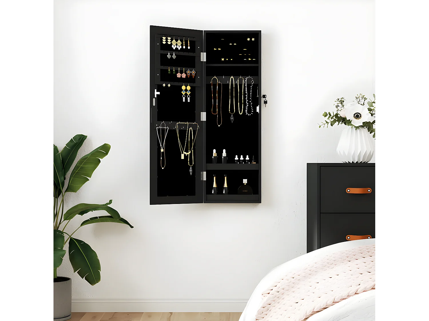 Armoire à bijoux avec miroir murale noir 30x8,5x90 cm OFR31470 BonneVie Meuble