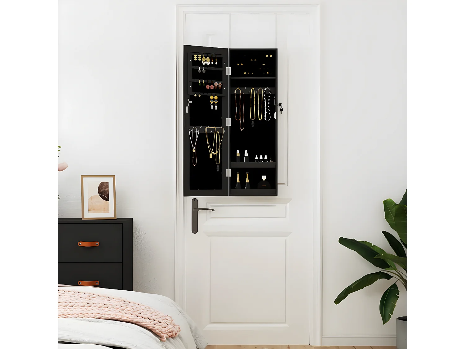 Armoire à bijoux avec miroir murale noir 30x8,5x90 cm OFR31470 BonneVie Meuble