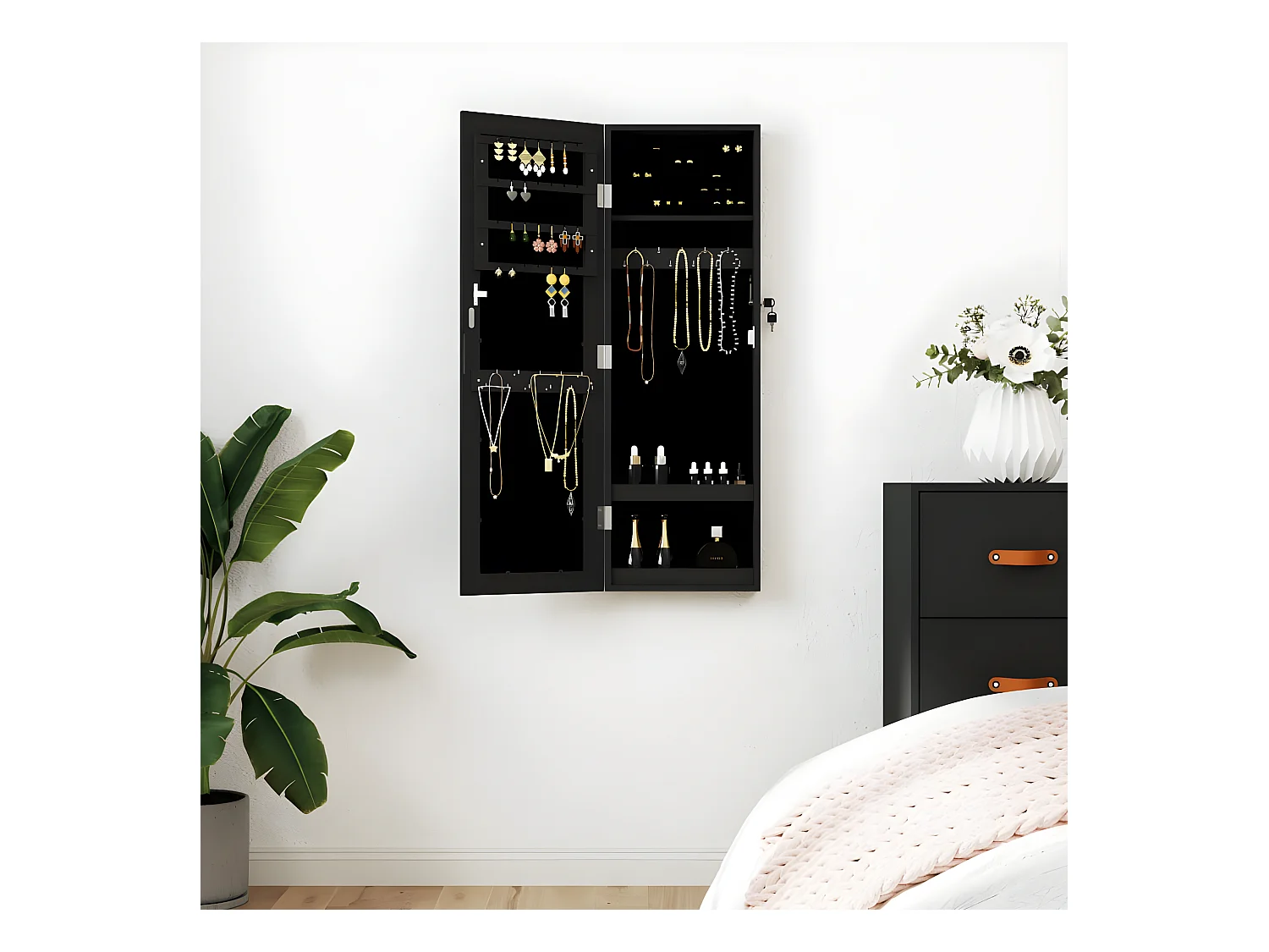 Armoire à bijoux avec miroir murale noir 30x8,5x90 cm OFR31470 BonneVie Meuble