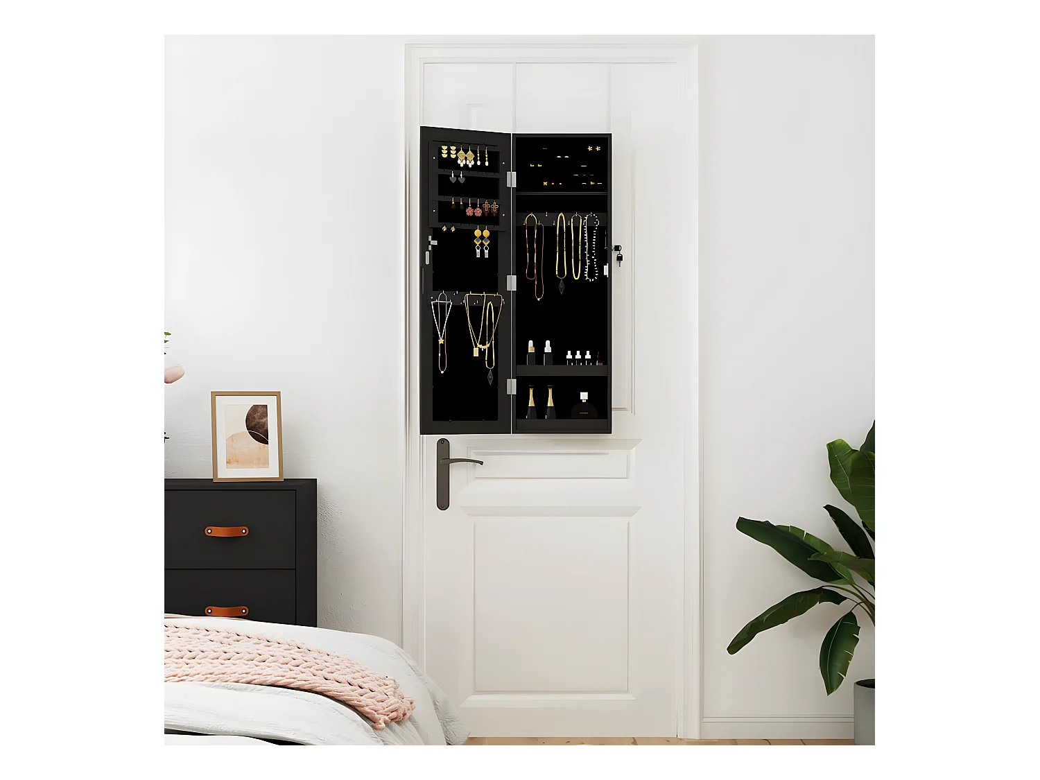 Armadio Portagioie con Specchio a Muro Nero 30x8,5x90 cm CFW91262