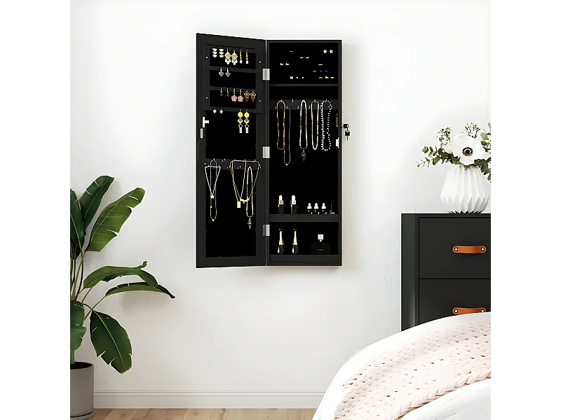 Armoire à bijoux avec miroir murale noir 30x8,5x90 cm OFR31470 BonneVie Meuble