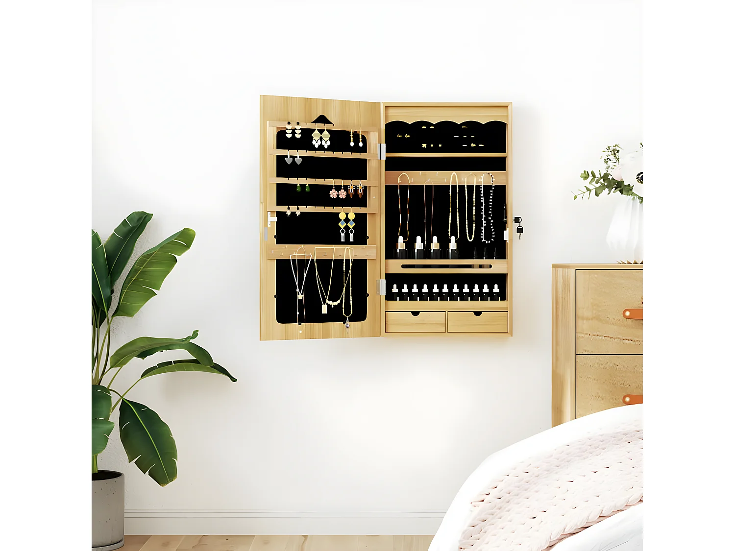 Armoire à bijoux avec miroir murale 37,5x10x67 cm OFR65665 BonneVie Meuble