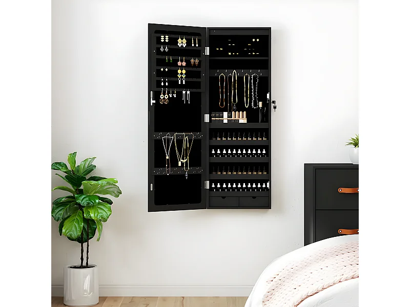 Móvel para joias de parede espelhado com luzes LED preto PT895152