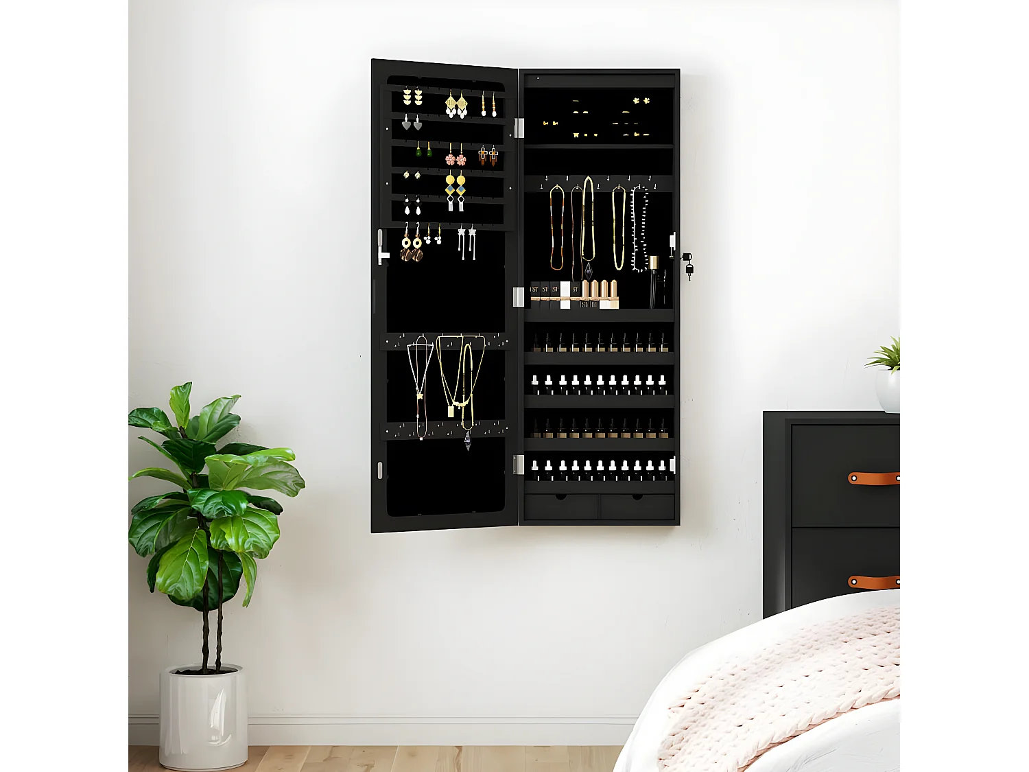 Armoire à bijoux avec miroir et éclairage LED mural noir OFR54830 BonneVie Meuble