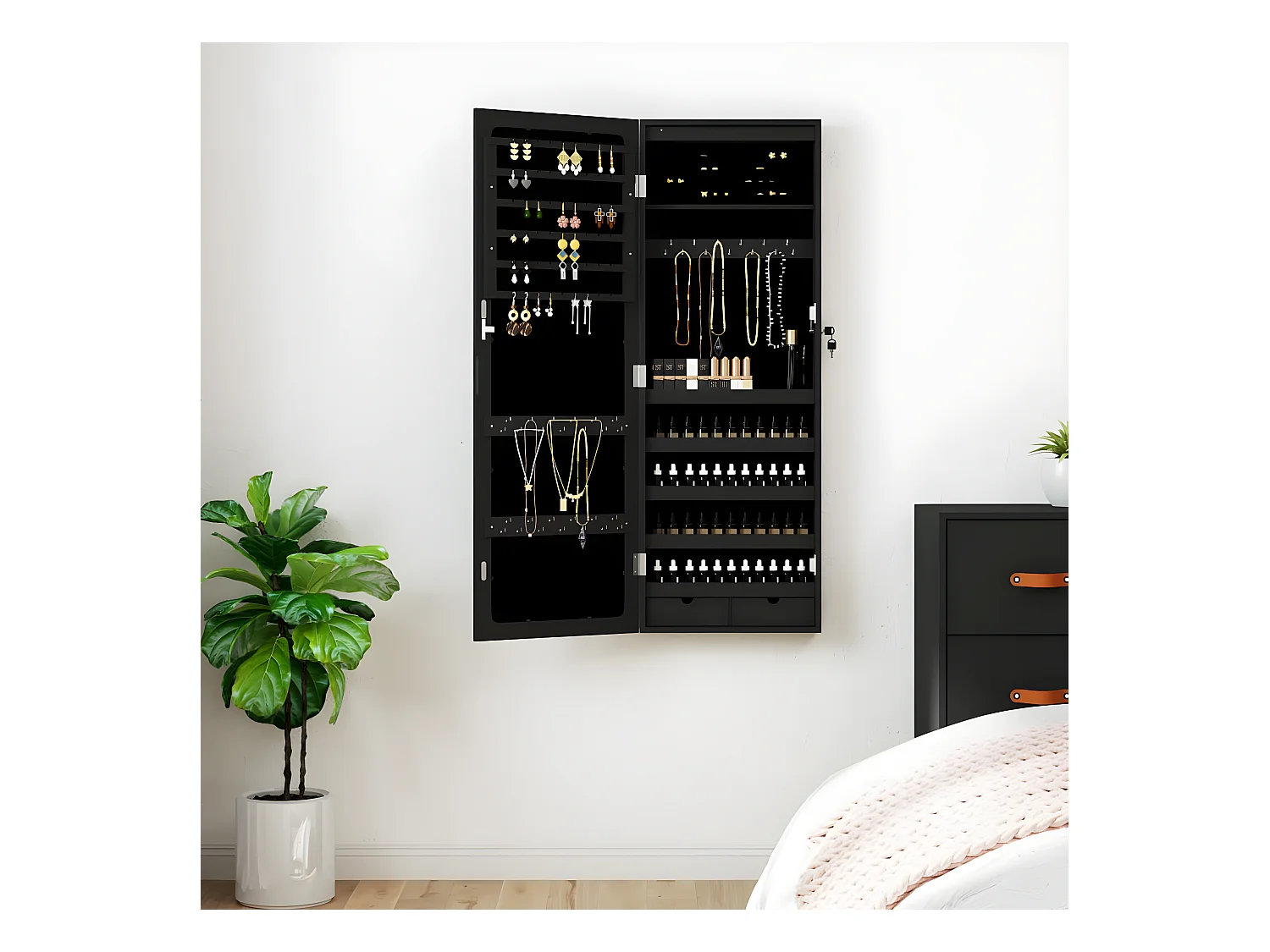 Armoire à bijoux avec miroir et éclairage LED mural noir OFR54830 BonneVie Meuble