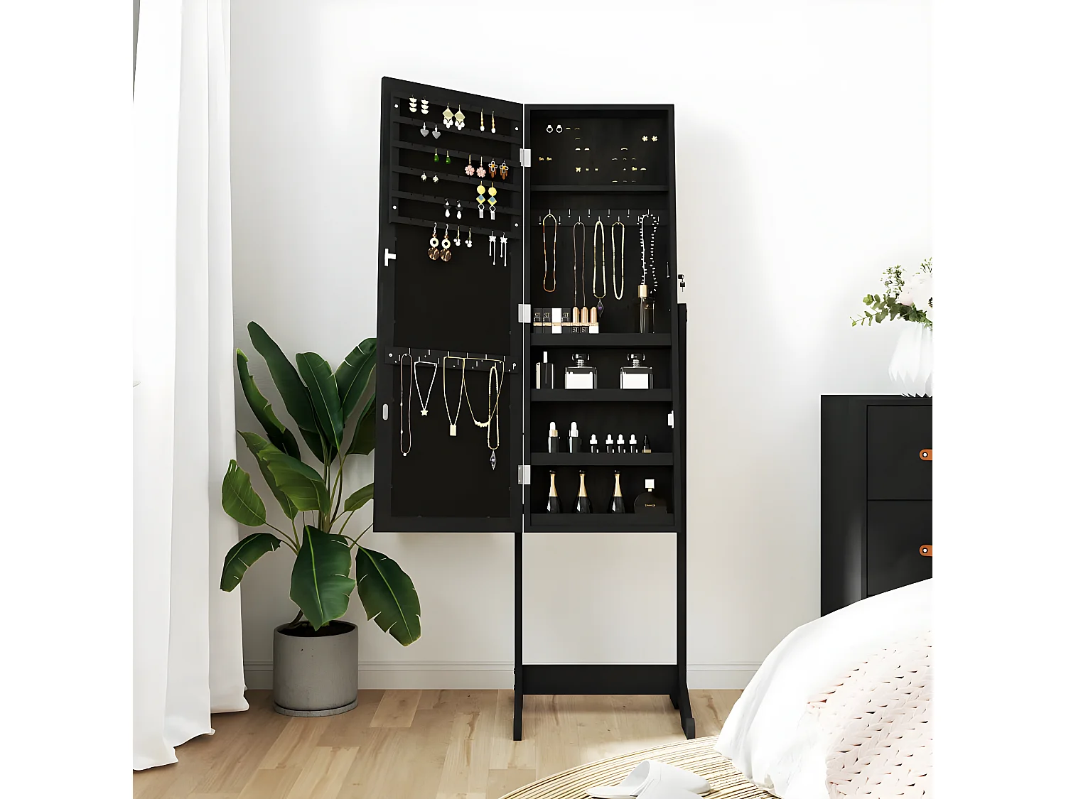 Armoire à bijoux avec miroir sur pied noir 42x38x152 cm OFR18268 BonneVie Meuble