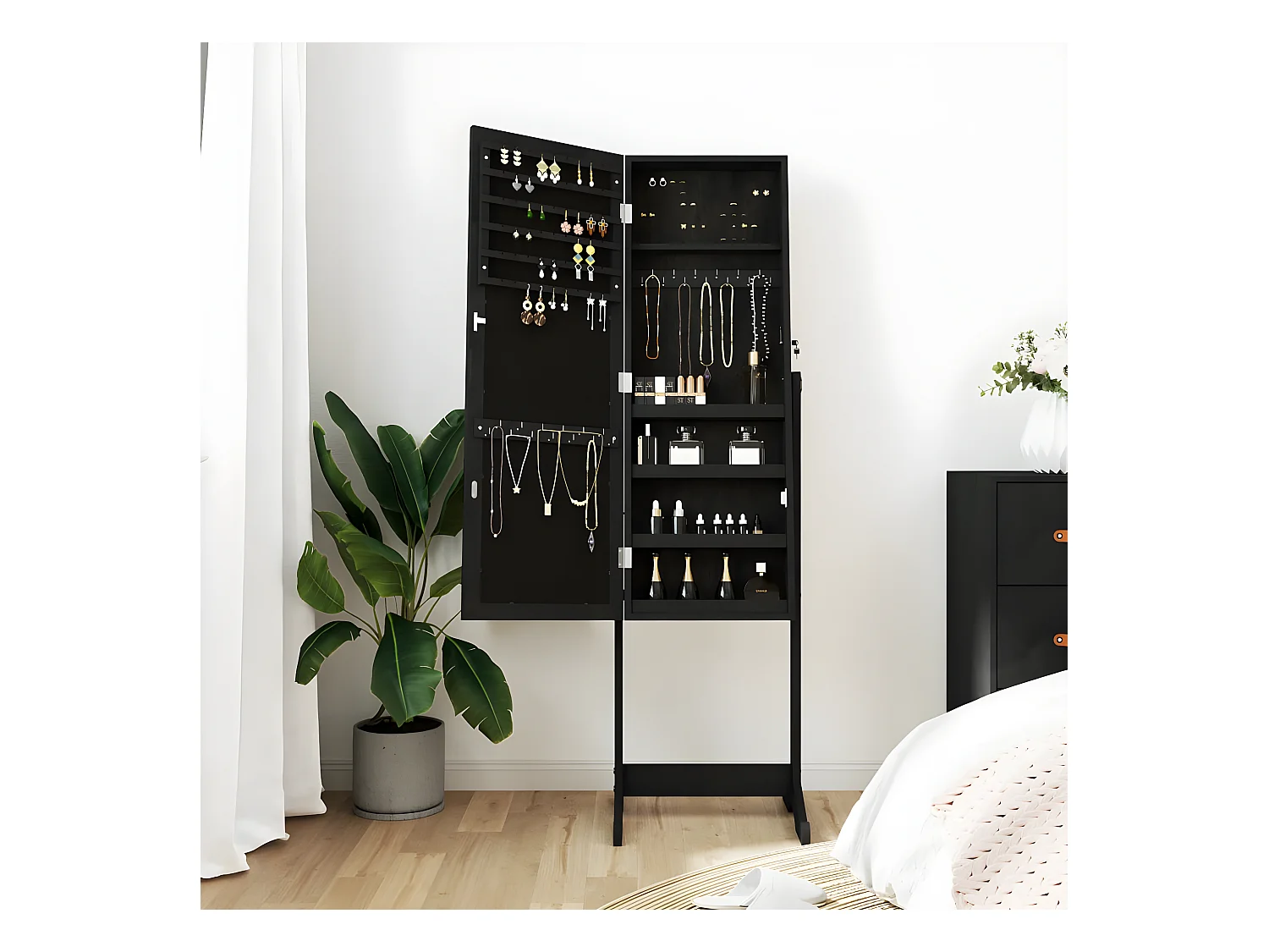 Armoire à bijoux avec miroir sur pied noir 42x38x152 cm OFR18268 BonneVie Meuble