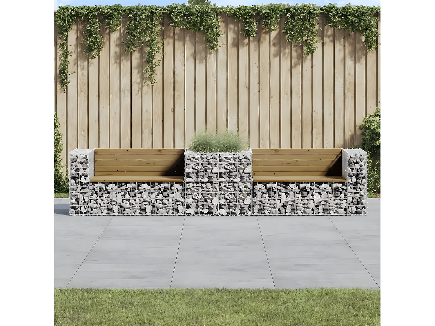 Banco de jardín con cesta de gaviones madera de pino impregnada ES10637