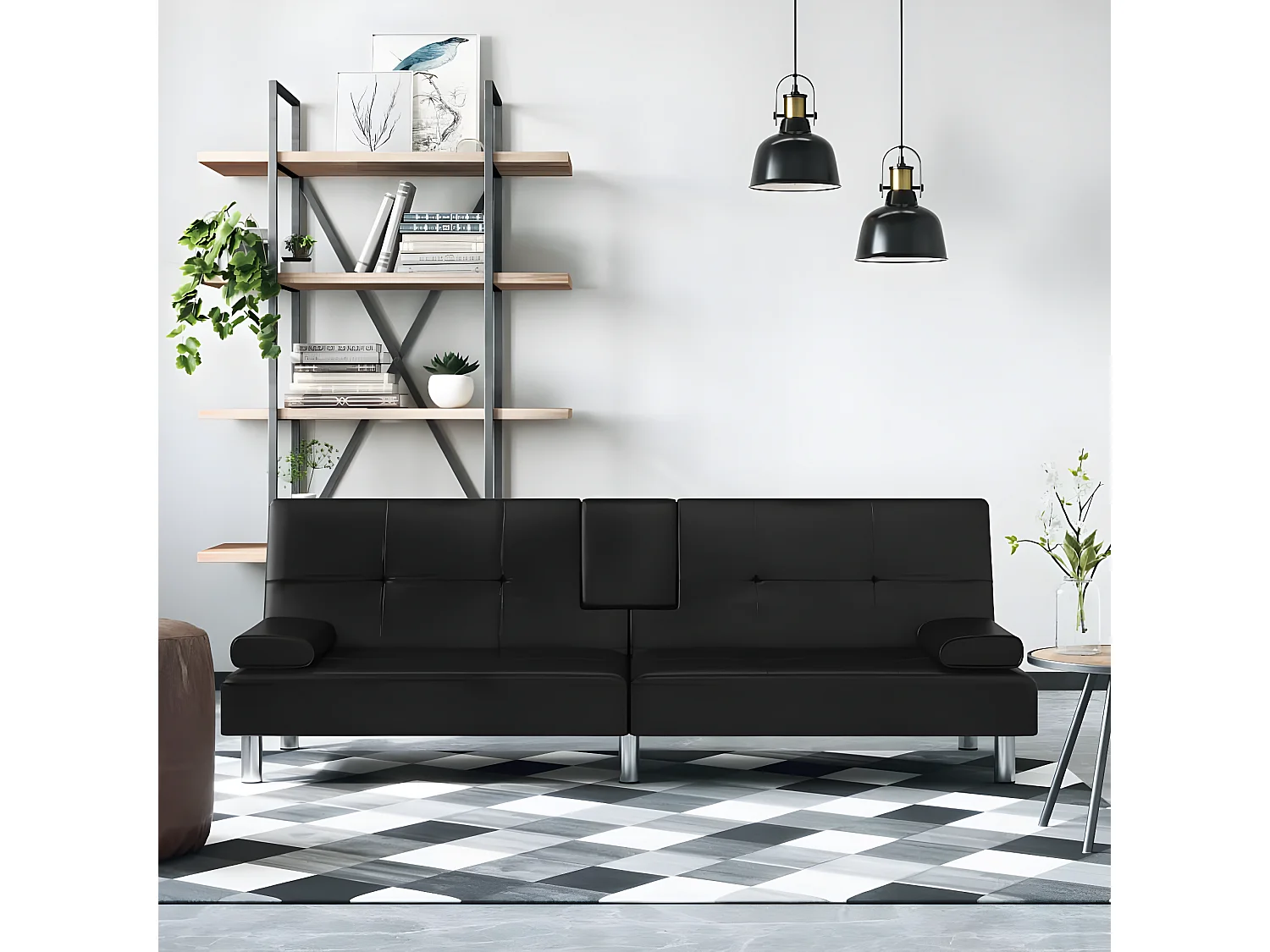 Canapé convertible avec porte-gobelets noir similicuir KFE5219