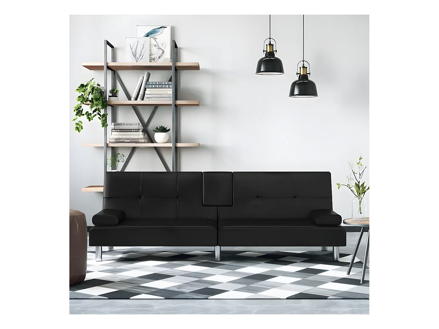 Canapé convertible avec porte-gobelets noir similicuir KFE5219