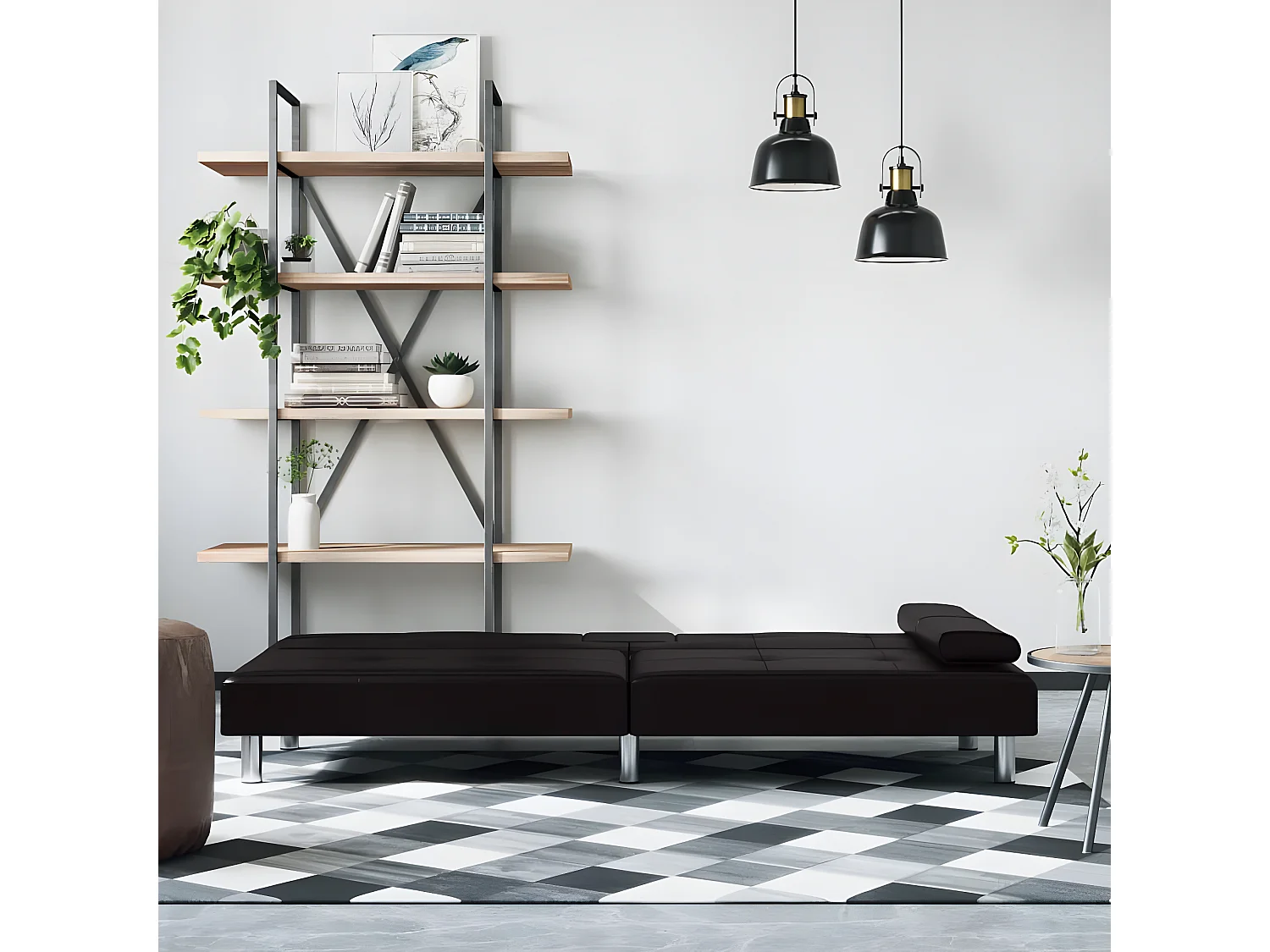 Canapé convertible avec porte-gobelets noir similicuir KFE5219