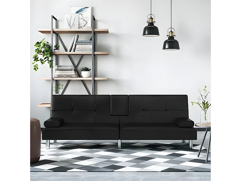 Canapé convertible avec porte-gobelets noir similicuir KFE5219