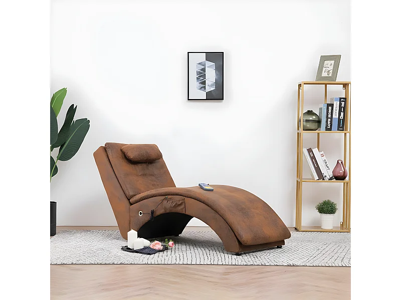 Chaise longue massagem c/ almofada camurça artificial castanho PT198384