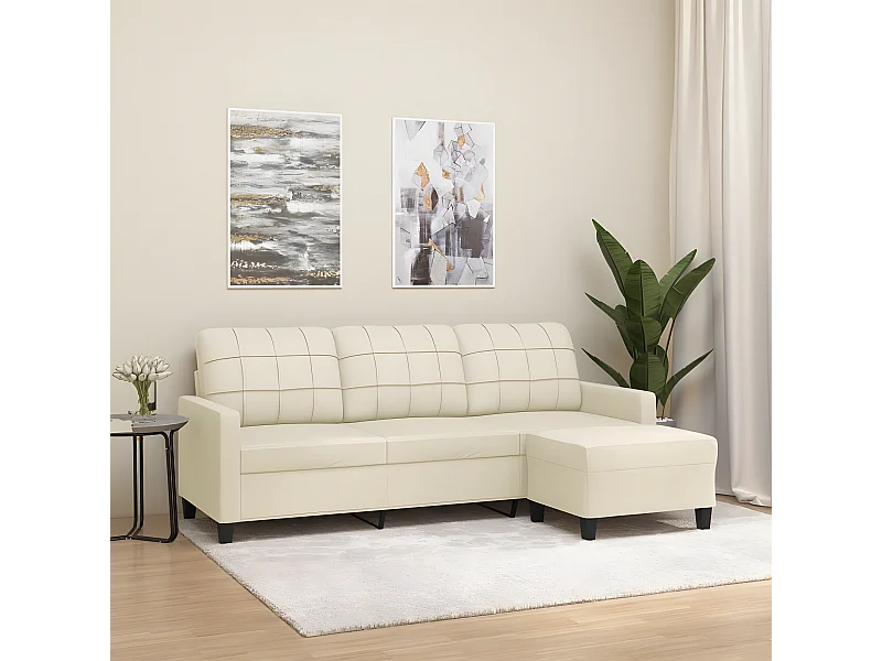 Sofá 3 lugares c/ apoio pés 180 cm couro artificial cor creme PT460679