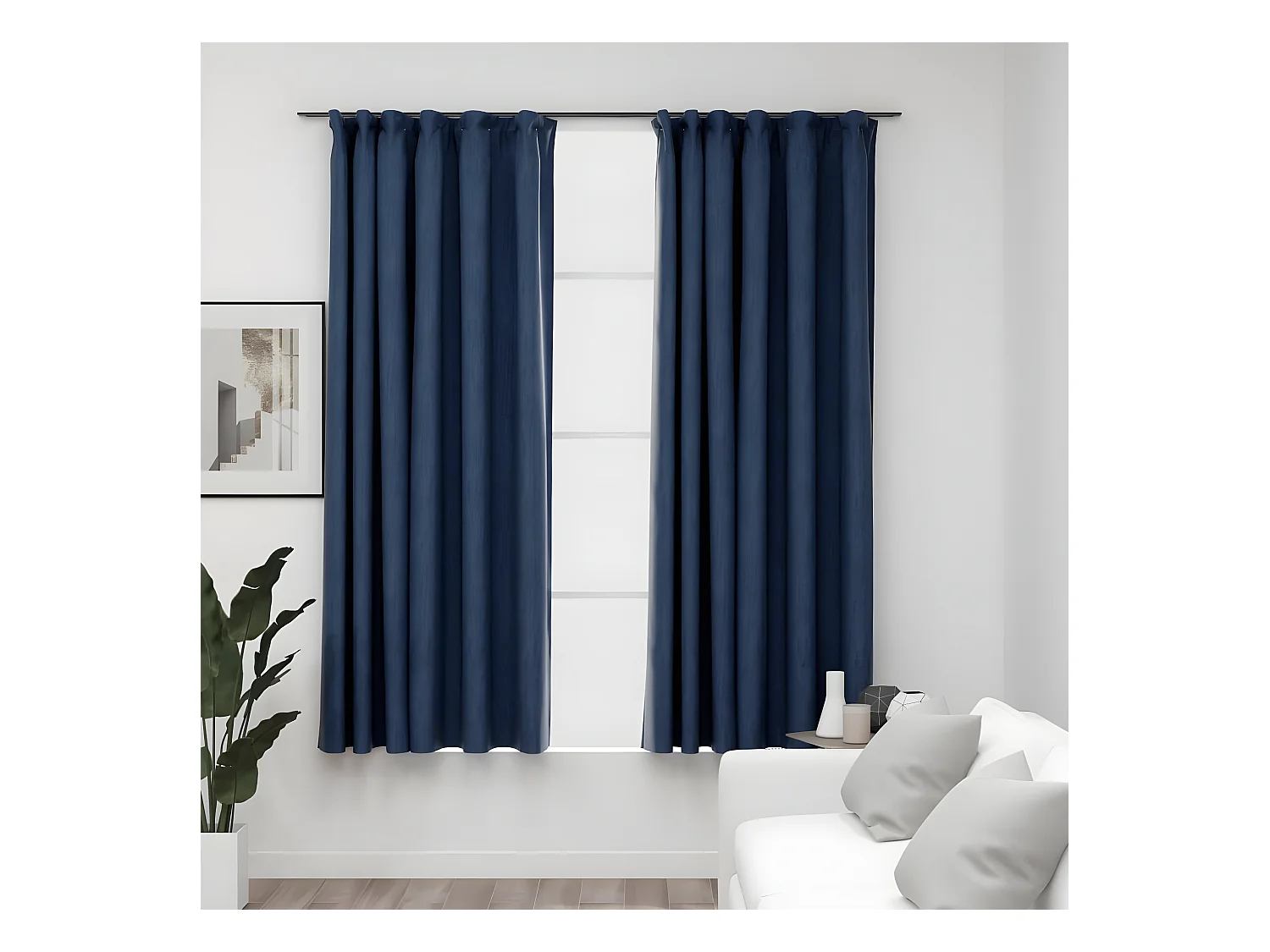 Rideaux occultants aspect lin avec crochets 2pcs Bleu 140x175cm QBH52193