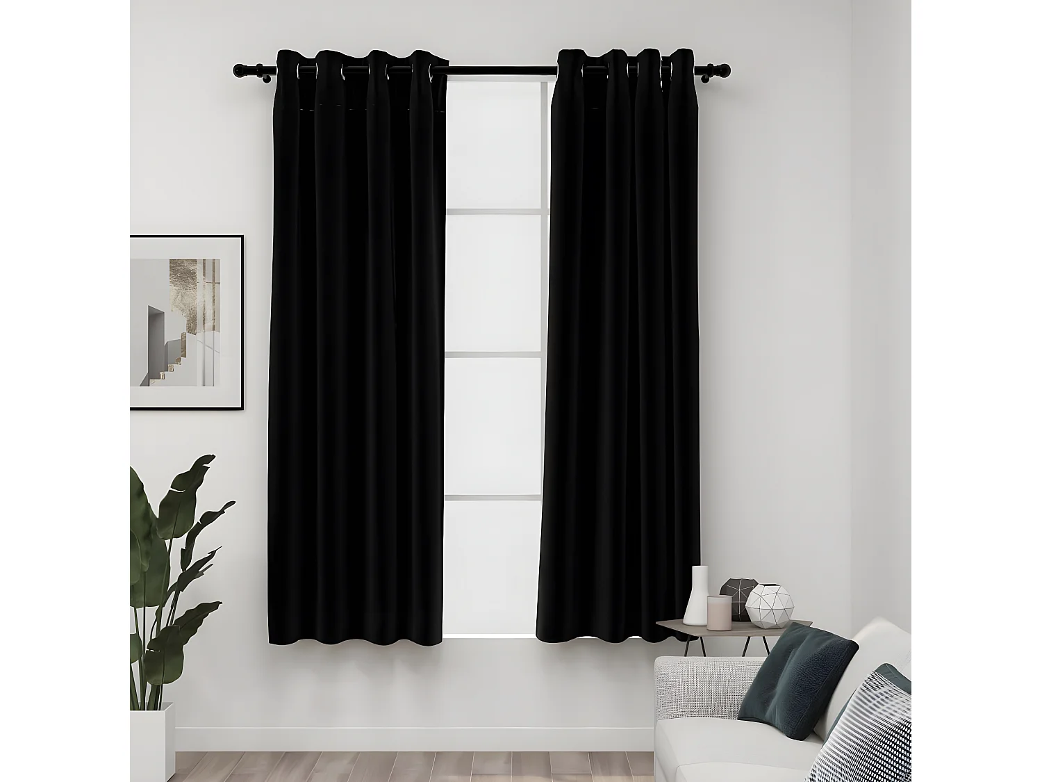 Cortinas opacas con ojales look de lino 2 pzas negro 140x175 cm ES496840