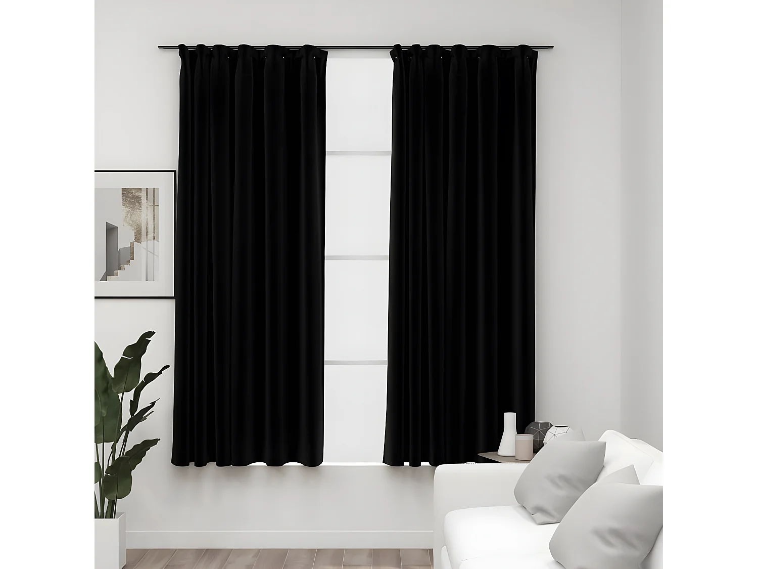 Rideaux occultants aspect lin avec crochets 2pcs Noir 140x175cm QBH58098