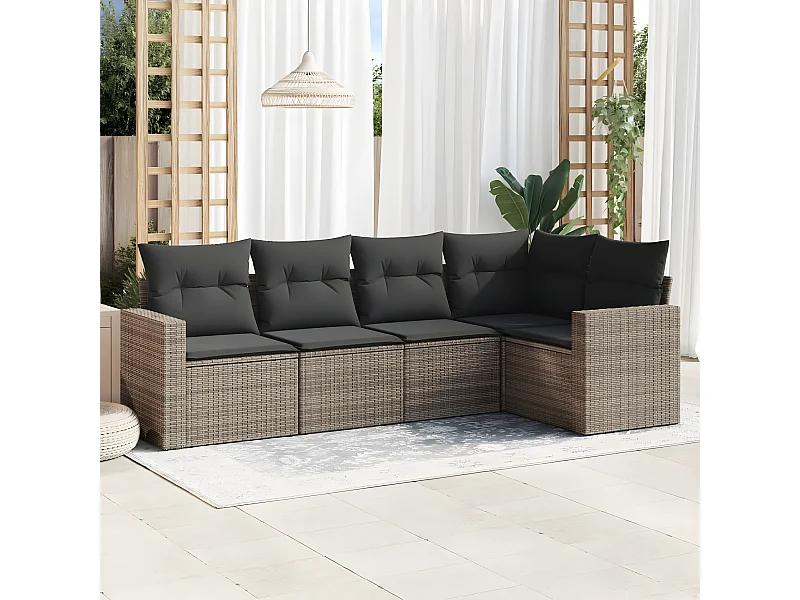 5-tlg. Garten-Sofagarnitur,Gartenmöbel-Set mit Kissen Grau Poly Rattan -gkd783644